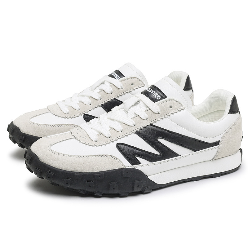 Adidași unisex cu panouri din piele, partea superioară din piele naturală, talpă din cauciuc, vârf rotund, închidere cu șireturi, low-top