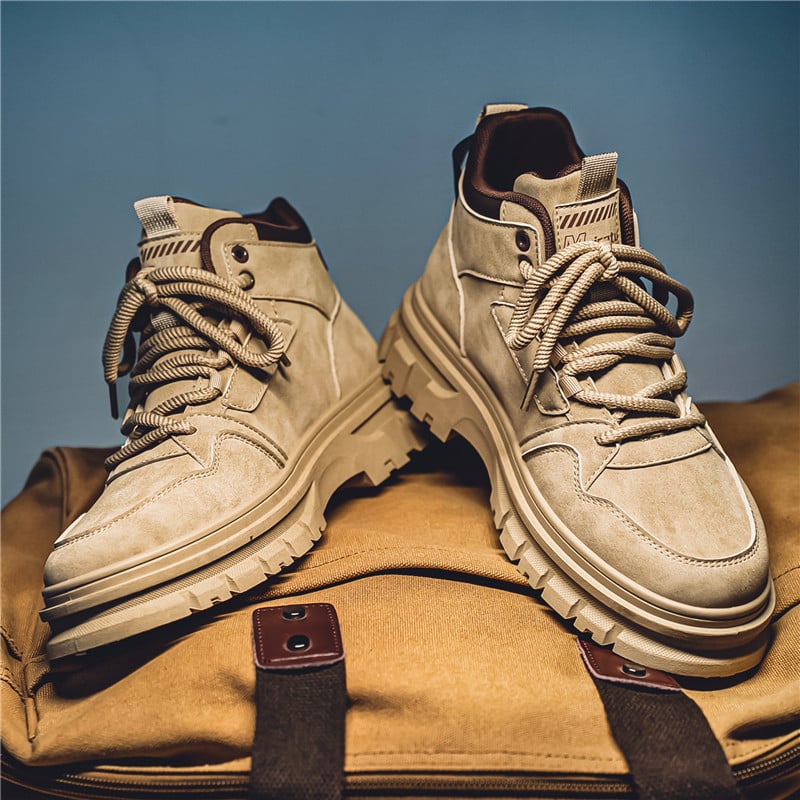 Férfi Magas Szárú Bőrsneaker – kerek orr, PU felső, fűző, mindennapi viselet, gumírozott talp