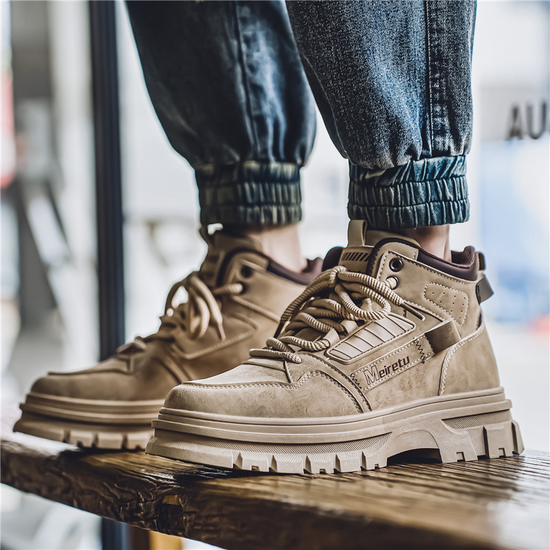 Férfi Magas Szárú Bőrsneaker – kerek orr, PU felső, fűző, mindennapi viselet, gumírozott talp