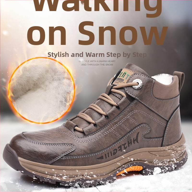 Ανδρικά μποτάκια χιονιού, με ψηλό ύψος, επάνω μέρος: δέρμα βοδινού split, εσωτερική επένδυση: συνθετικό κοντό γούνα, αντιολισθητική σόλα από καουτσούκ, ανάγλυφη επιφάνεια