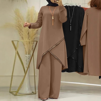 Γυναικείο σετ δύο τεμαχίων με παντελόνια: πουκάμισο μακρυμάνικο με λαιμό Ο + φαρδιά παντελόνια, πολυεστέρας 95%+, μονόχρωμο, Άνοιξη 2024