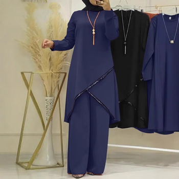 Γυναικείο σετ δύο τεμαχίων με παντελόνια: πουκάμισο μακρυμάνικο με λαιμό Ο + φαρδιά παντελόνια, πολυεστέρας 95%+, μονόχρωμο, Άνοιξη 2024