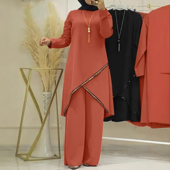 Γυναικείο σετ δύο τεμαχίων με παντελόνια: πουκάμισο μακρυμάνικο με λαιμό Ο + φαρδιά παντελόνια, πολυεστέρας 95%+, μονόχρωμο, Άνοιξη 2024