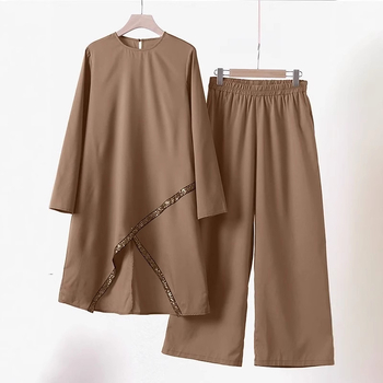 Γυναικείο σετ δύο τεμαχίων με παντελόνια: πουκάμισο μακρυμάνικο με λαιμό Ο + φαρδιά παντελόνια, πολυεστέρας 95%+, μονόχρωμο, Άνοιξη 2024