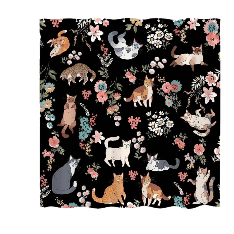 Κουρτίνα ντους - Μοντέρνος πολυεστέρας, Σχέδιο γάτας, Εκτύπωση λογότυπου, Προσαρμόσιμη