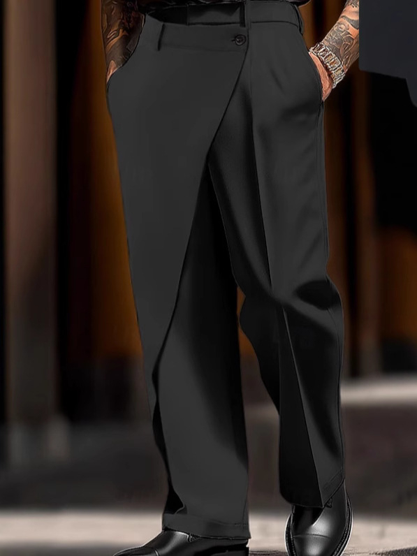 Hlače ravnog širokog kroja, nepravilni šavovi, detalj gumba, mikroelastičnost, modalno-bavlani miks