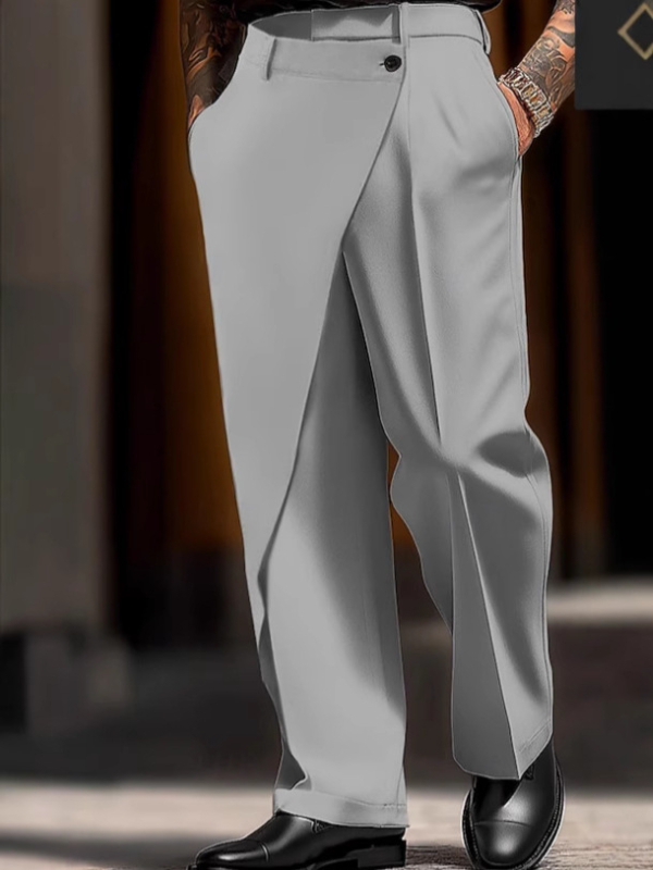 Hlače ravnog širokog kroja, nepravilni šavovi, detalj gumba, mikroelastičnost, modalno-bavlani miks