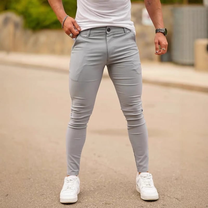 Pantaloni casual pentru bărbați, croială Slim, talie înaltă, picior drept, material din bambus cu bumbac
