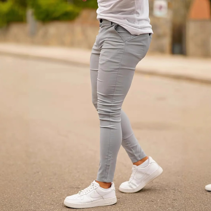 Pantaloni casual pentru bărbați, croială Slim, talie înaltă, picior drept, material din bambus cu bumbac