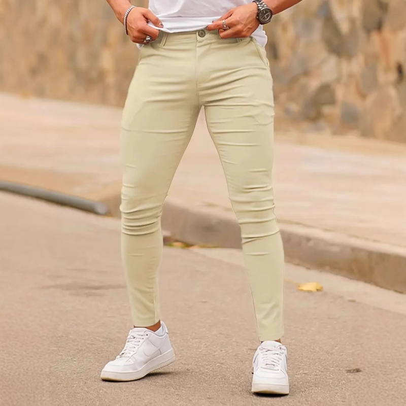 Pantaloni casual pentru bărbați, croială Slim, talie înaltă, picior drept, material din bambus cu bumbac