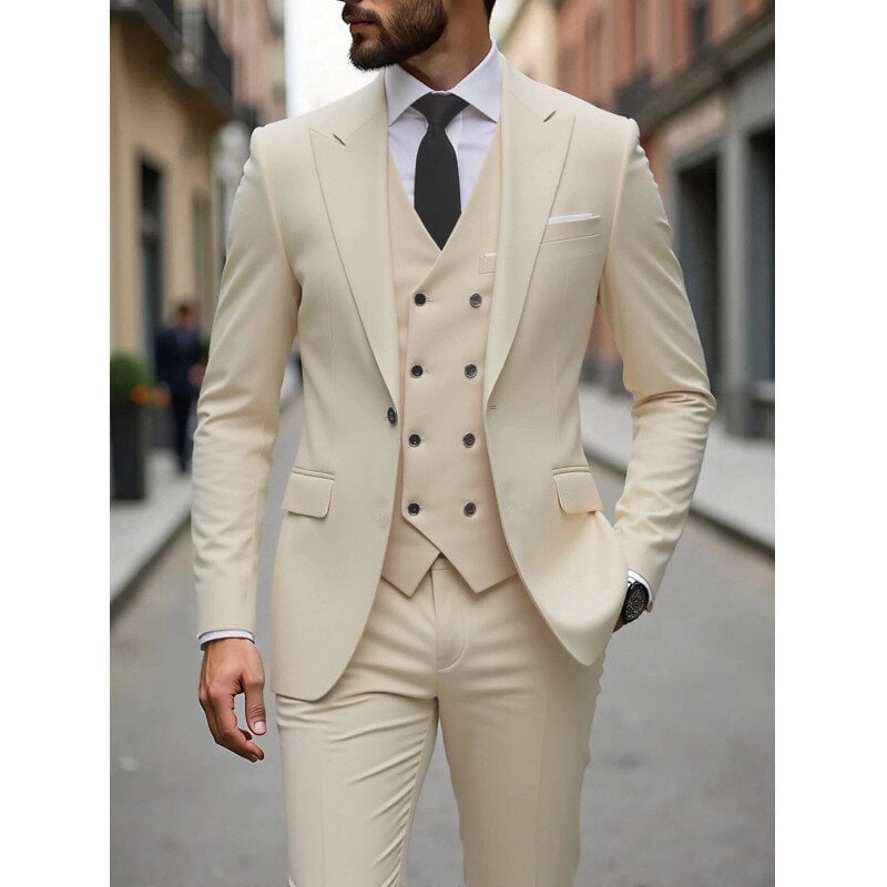 Muško trodijelno poslovno odijelo, slim fit, Notch ovratnik, jednostruko kopčanje, poliester smjesa