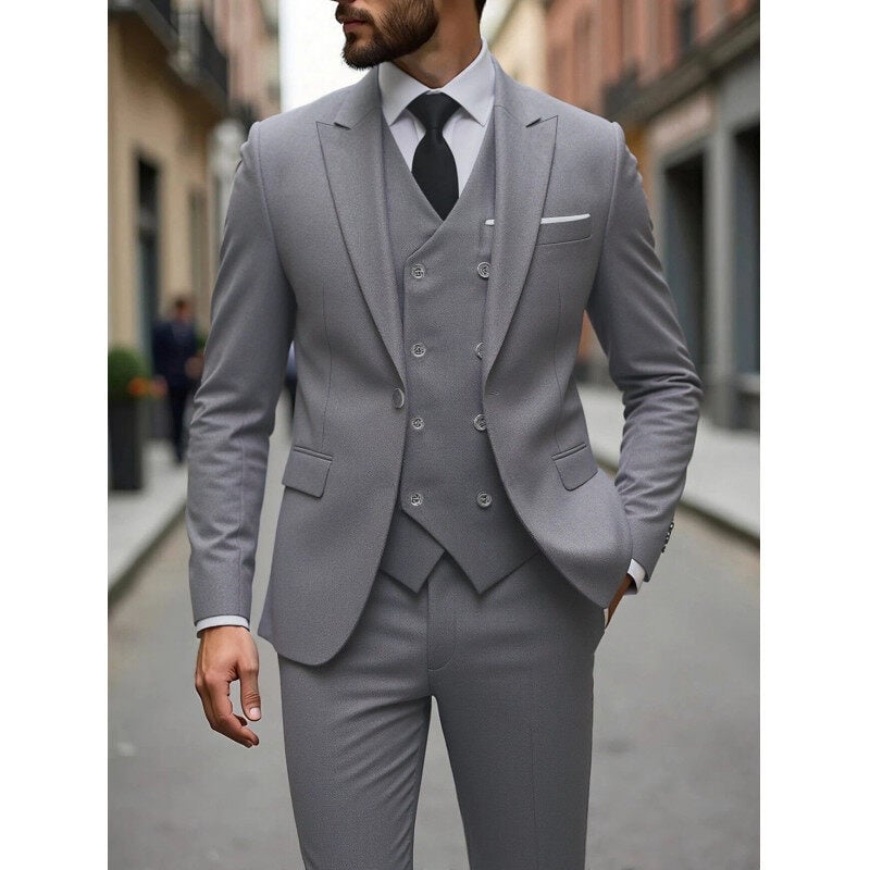 Muško trodijelno poslovno odijelo, slim fit, Notch ovratnik, jednostruko kopčanje, poliester smjesa