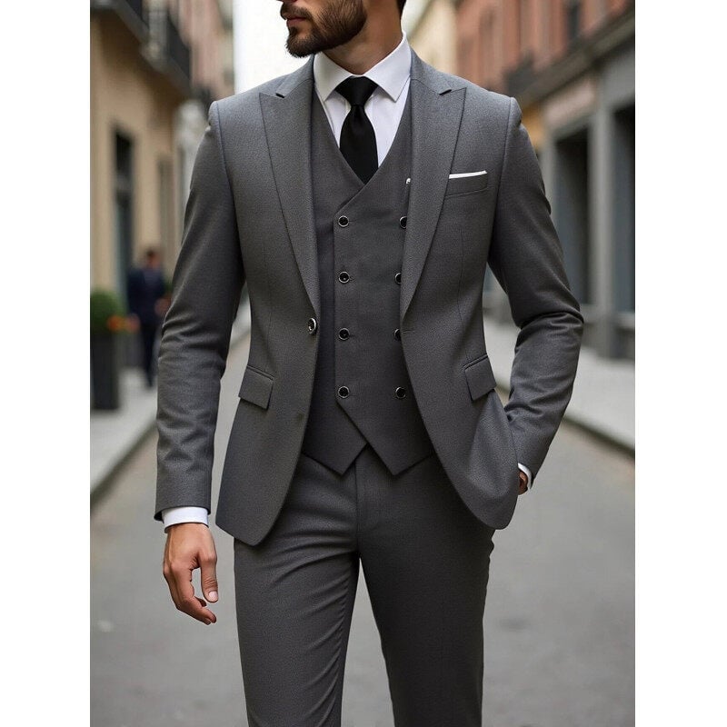 Muško trodijelno poslovno odijelo, slim fit, Notch ovratnik, jednostruko kopčanje, poliester smjesa