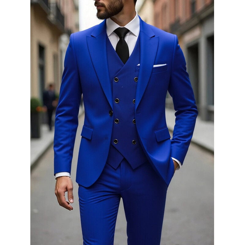 Muško trodijelno poslovno odijelo, slim fit, Notch ovratnik, jednostruko kopčanje, poliester smjesa