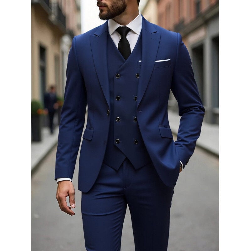 Muško trodijelno poslovno odijelo, slim fit, Notch ovratnik, jednostruko kopčanje, poliester smjesa