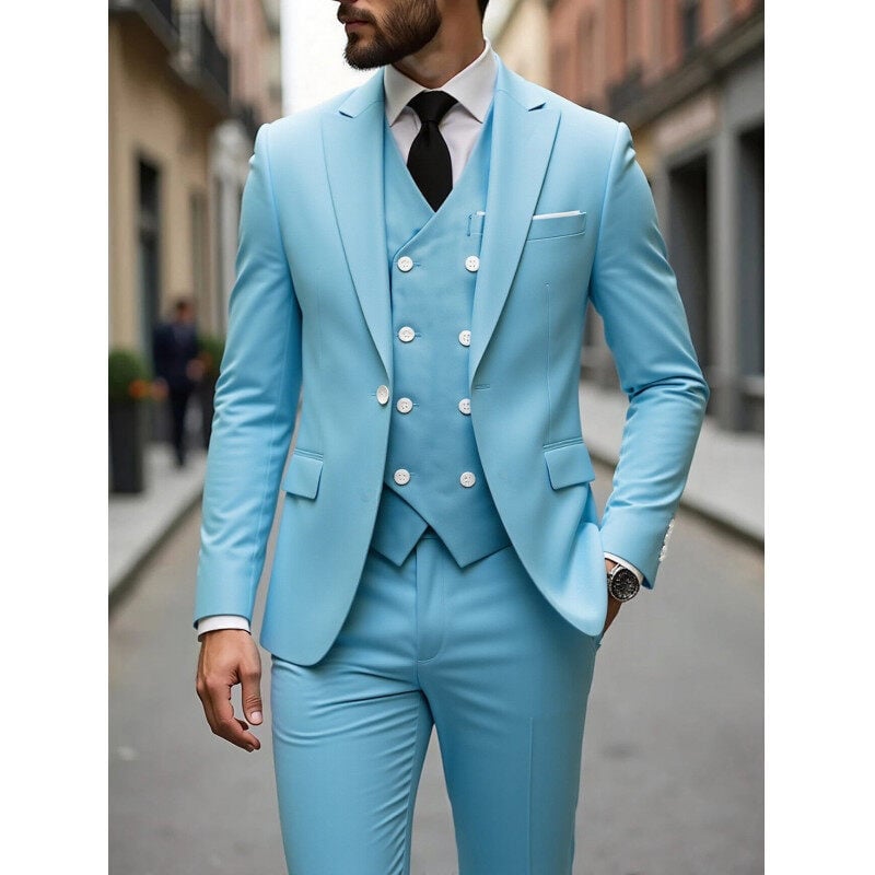 Muško trodijelno poslovno odijelo, slim fit, Notch ovratnik, jednostruko kopčanje, poliester smjesa