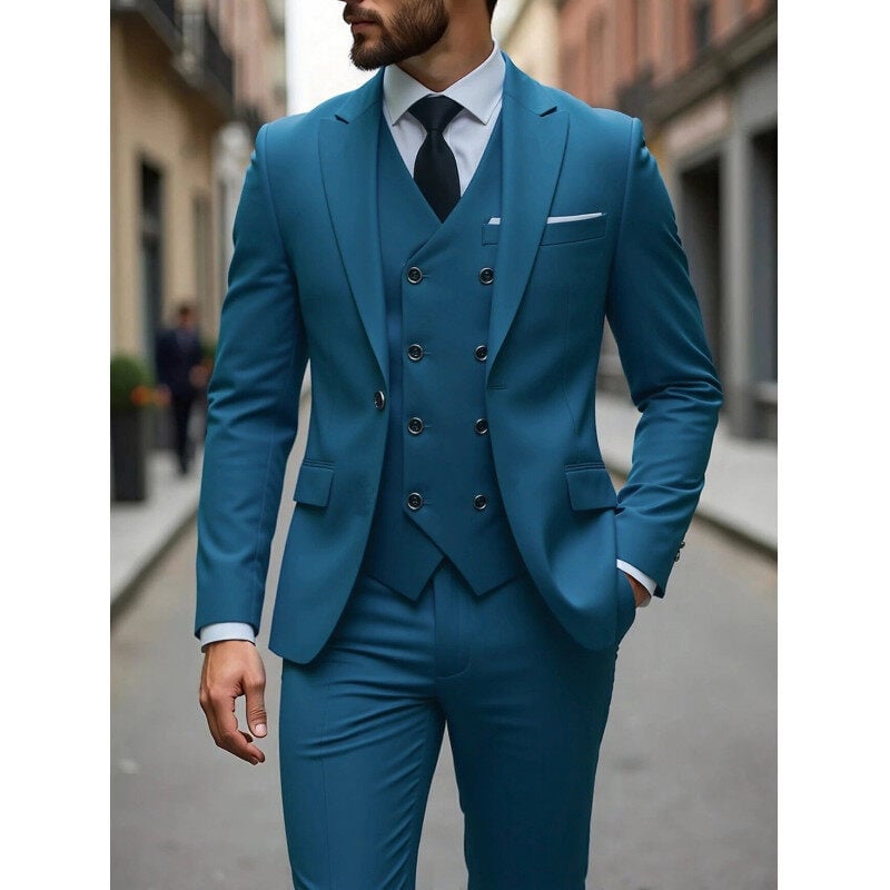 Muško trodijelno poslovno odijelo, slim fit, Notch ovratnik, jednostruko kopčanje, poliester smjesa