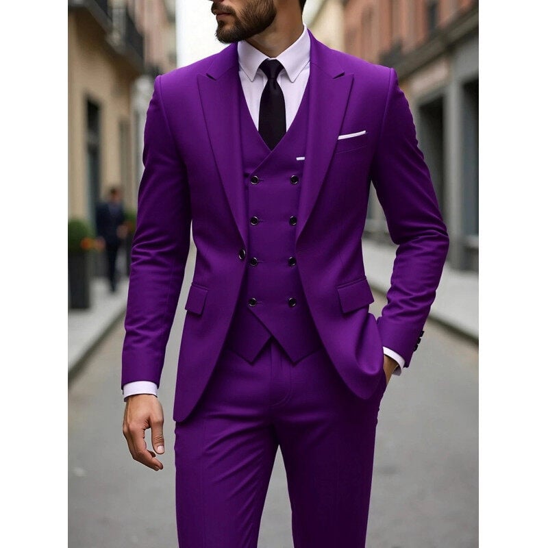 Muško trodijelno poslovno odijelo, slim fit, Notch ovratnik, jednostruko kopčanje, poliester smjesa