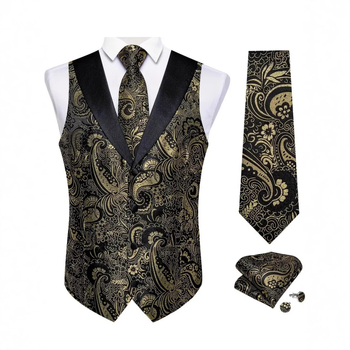 Мъжки елек с тесен силует, двуредно копчане, жакардов модел, памук-бленд плат