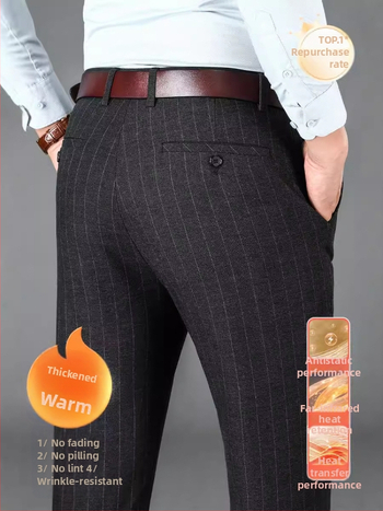 Ανδρικά ριγέ παντελόνια για business-casual, με φλις επένδυση, ίσια γραμμή, υψηλή μέση, φερμουάρ