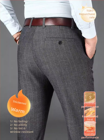 Ανδρικά ριγέ παντελόνια για business-casual, με φλις επένδυση, ίσια γραμμή, υψηλή μέση, φερμουάρ