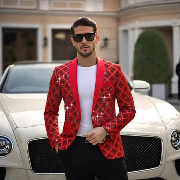 Ανδρικό σακάκι κοστουμιού με καρό μοτίβο και τρισδιάστατες τετράγωνες παγιέτες, χαλαρή γραμμή, μακριά μανίκια, μονόμπρατσο με ένα κουμπί, για άνοιξη-φθινόπωρο και γάμους