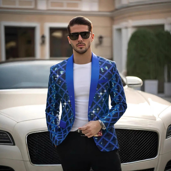 Ανδρικό σακάκι κοστουμιού με καρό μοτίβο και τρισδιάστατες τετράγωνες παγιέτες, χαλαρή γραμμή, μακριά μανίκια, μονόμπρατσο με ένα κουμπί, για άνοιξη-φθινόπωρο και γάμους