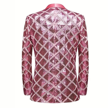 Ανδρικό σακάκι κοστουμιού με καρό μοτίβο και τρισδιάστατες τετράγωνες παγιέτες, χαλαρή γραμμή, μακριά μανίκια, μονόμπρατσο με ένα κουμπί, για άνοιξη-φθινόπωρο και γάμους