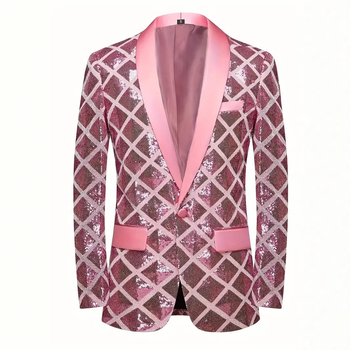 Ανδρικό σακάκι κοστουμιού με καρό μοτίβο και τρισδιάστατες τετράγωνες παγιέτες, χαλαρή γραμμή, μακριά μανίκια, μονόμπρατσο με ένα κουμπί, για άνοιξη-φθινόπωρο και γάμους