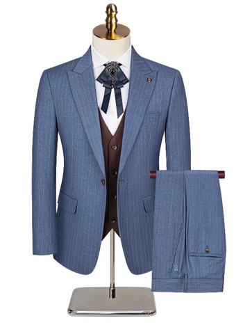 Мъжки тричастов костюм в райета, Slim fit, яке с остър лафел, материя: смес химически влакна (ацетат), пролетен модел