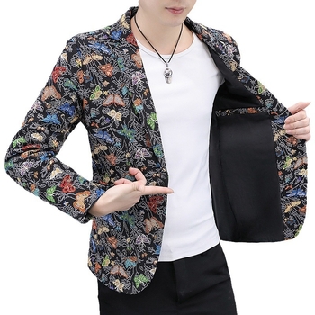 Ежедневен мъжки костюм с флораден жакардов принт – свободна кройка, едноредово закопчаване, костюмска яка, полиестерна материя