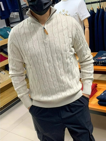 Tricot pentru bărbați – croială Slim, guler semi‑înalt, fermoar parțial, mâneci lungi, tiv cu nervuri