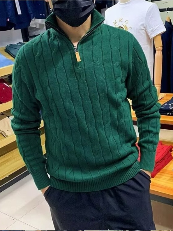 Tricot pentru bărbați – croială Slim, guler semi‑înalt, fermoar parțial, mâneci lungi, tiv cu nervuri
