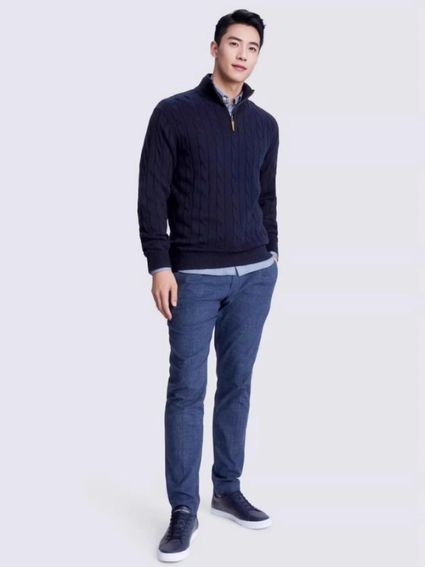 Tricot pentru bărbați – croială Slim, guler semi‑înalt, fermoar parțial, mâneci lungi, tiv cu nervuri