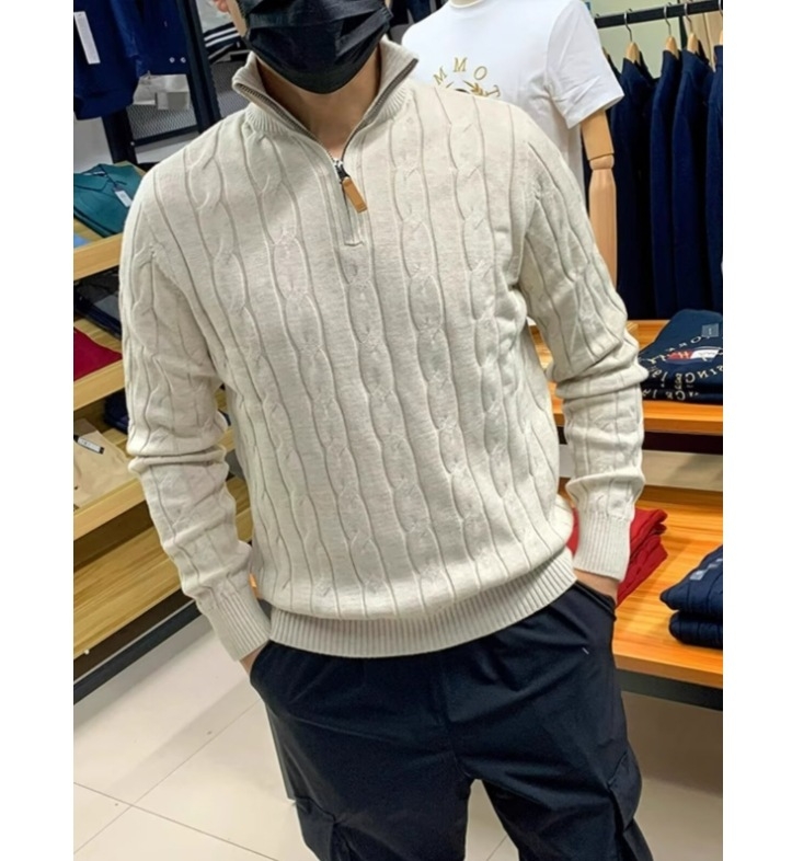 Tricot pentru bărbați – croială Slim, guler semi‑înalt, fermoar parțial, mâneci lungi, tiv cu nervuri