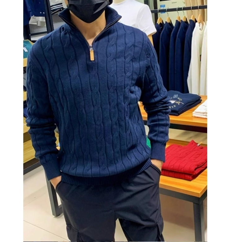 Tricot pentru bărbați – croială Slim, guler semi‑înalt, fermoar parțial, mâneci lungi, tiv cu nervuri