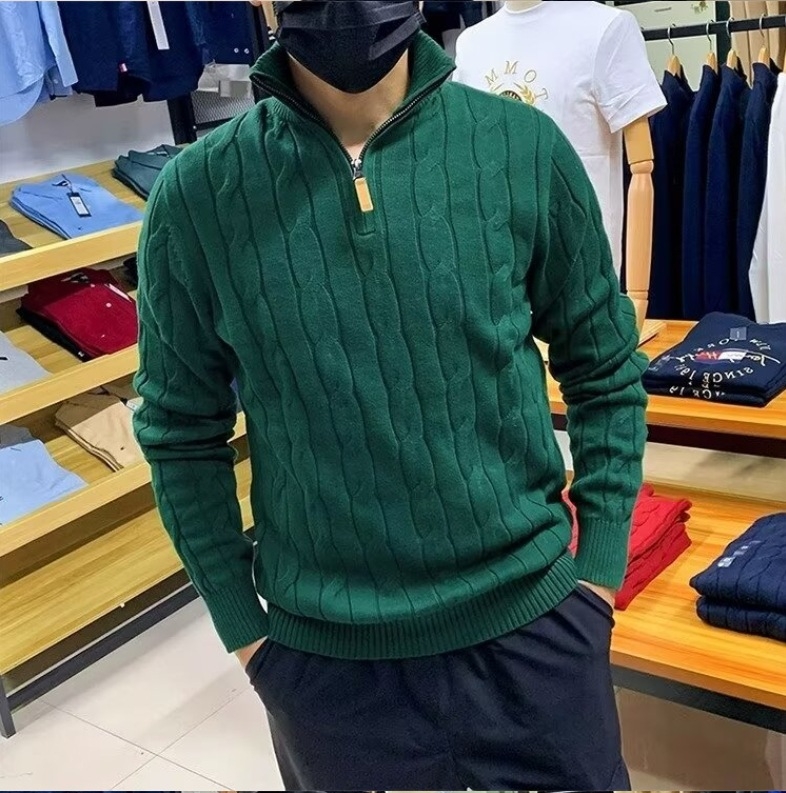 Tricot pentru bărbați – croială Slim, guler semi‑înalt, fermoar parțial, mâneci lungi, tiv cu nervuri