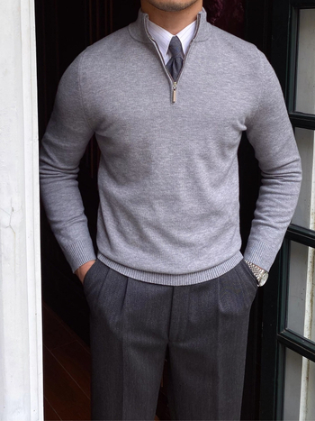 Мъжки пуловер с яка-стойка и цип, плетена материя, дълги ръкави, тесен силует