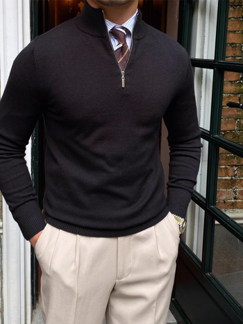 Мъжки пуловер с яка-стойка и цип, плетена материя, дълги ръкави, тесен силует