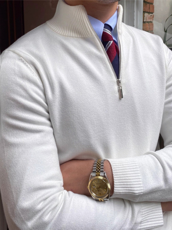 Мъжки пуловер с яка-стойка и цип, плетена материя, дълги ръкави, тесен силует