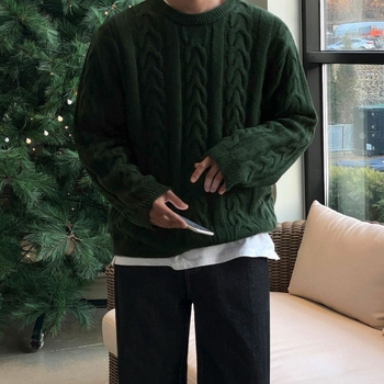 Мъжки плетен пуловер в корейски стил, свободен силует, кръгло деколте, дълги ръкави, акрилен материал