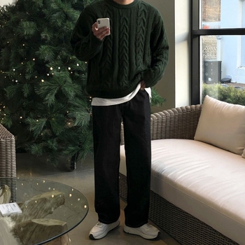 Мъжки плетен пуловер в корейски стил, свободен силует, кръгло деколте, дълги ръкави, акрилен материал