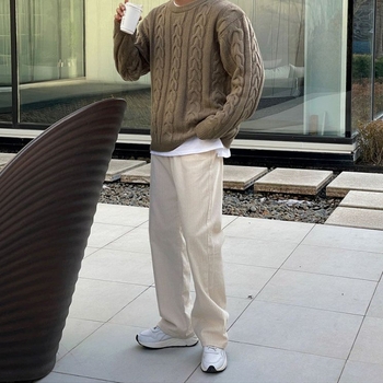 Мъжки плетен пуловер в корейски стил, свободен силует, кръгло деколте, дълги ръкави, акрилен материал