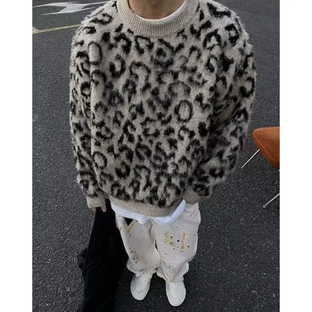 Pulover tricot leopard în stil american retro, guler rotund, croială lejeră, amestec bumbac-poliester, 90% poliester în compoziția principală, design contrastant