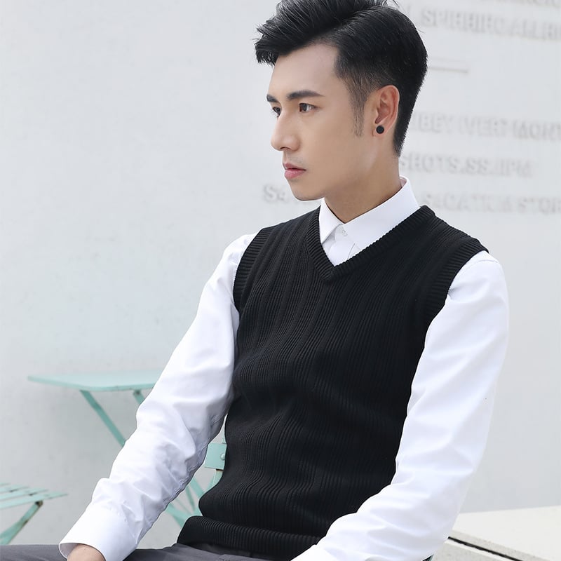 Ανδρικό πλεκτό γιλέκο χωρίς μανίκια με V-λαιμό, στενή γραμμή, 100% βαμβάκι, φθινόπωρο