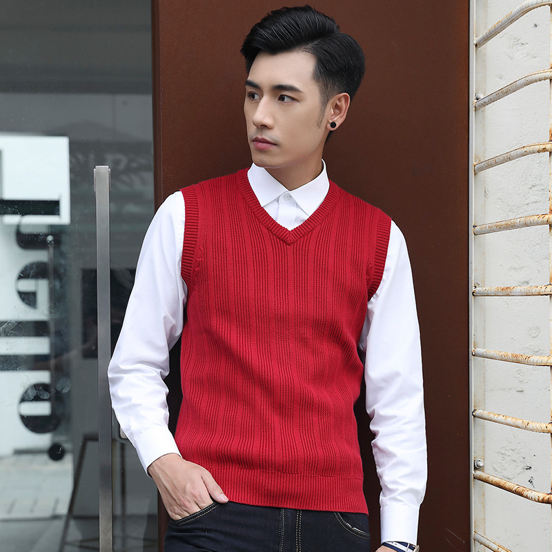Ανδρικό πλεκτό γιλέκο χωρίς μανίκια με V-λαιμό, στενή γραμμή, 100% βαμβάκι, φθινόπωρο