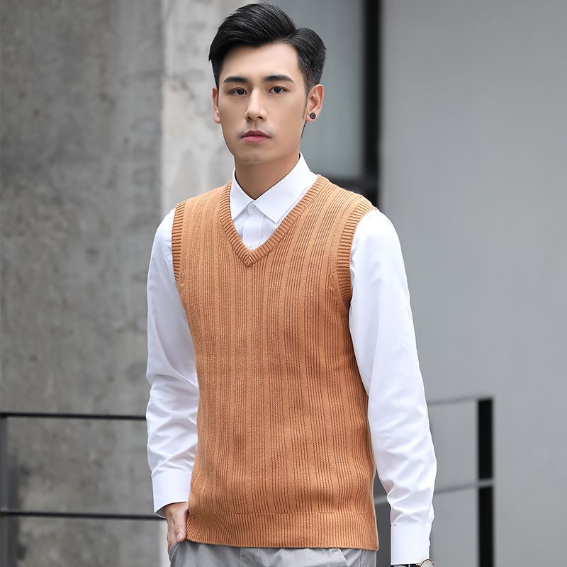 Ανδρικό πλεκτό γιλέκο χωρίς μανίκια με V-λαιμό, στενή γραμμή, 100% βαμβάκι, φθινόπωρο