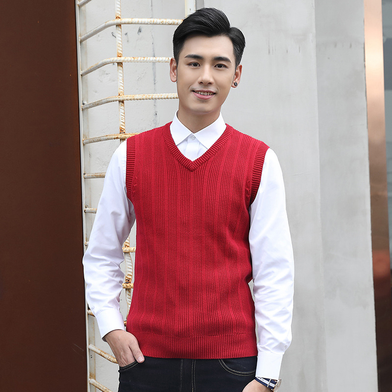 Ανδρικό πλεκτό γιλέκο χωρίς μανίκια με V-λαιμό, στενή γραμμή, 100% βαμβάκι, φθινόπωρο