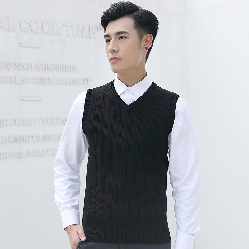 Ανδρικό πλεκτό γιλέκο χωρίς μανίκια με V-λαιμό, στενή γραμμή, 100% βαμβάκι, φθινόπωρο