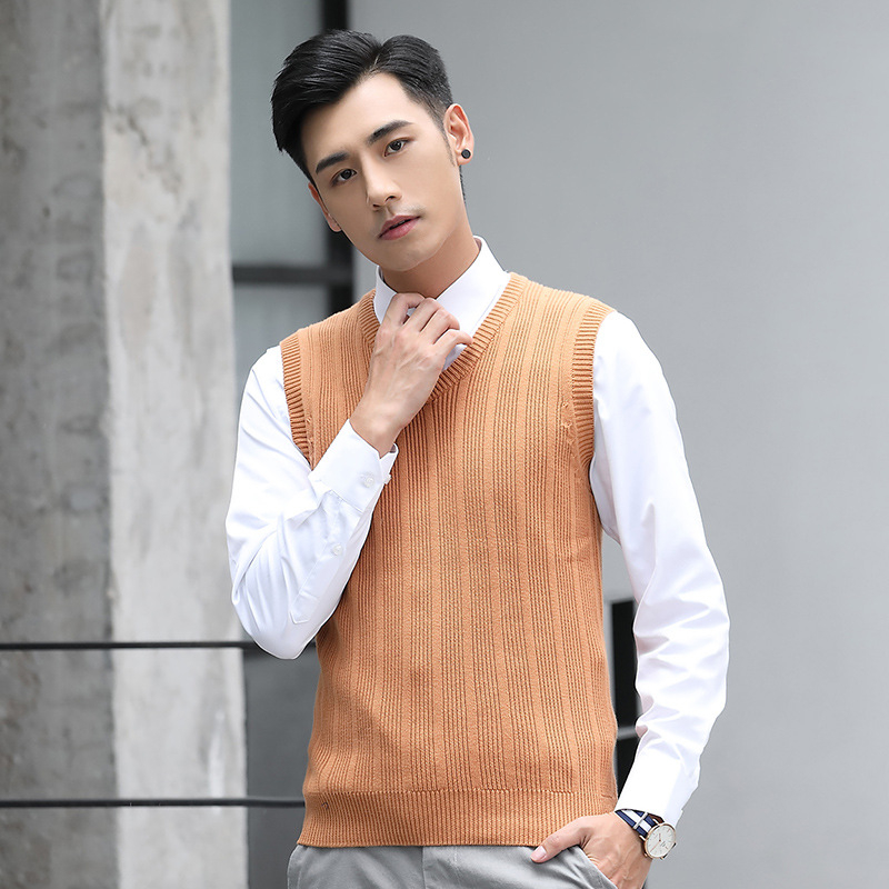 Ανδρικό πλεκτό γιλέκο χωρίς μανίκια με V-λαιμό, στενή γραμμή, 100% βαμβάκι, φθινόπωρο